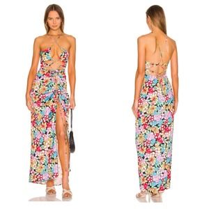 For Love And Lemons Satin Mallory Maxi Dress Cut-Out Multicolor Size XS NWT